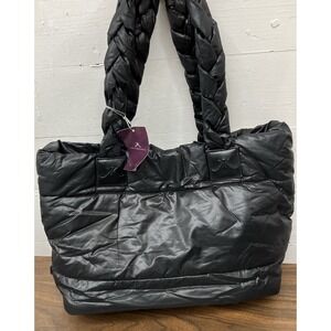 Kim Kardashian Black Quilted Tote Bag Purse With Braided Handles & Logo Puffy